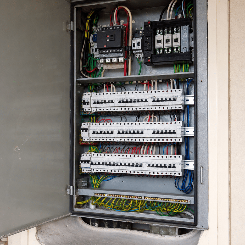 Open electrical switchboard with circuit breakers in a strata apartment building riser cupboard