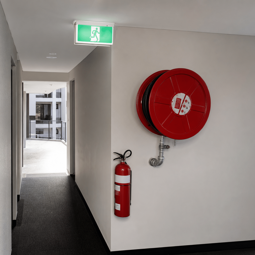 Fire hose reel and extinguisher in a strata apartment building common-area corridor