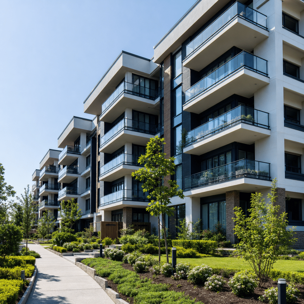 A well-maintained modern strata apartment building with clean facade and landscaped grounds