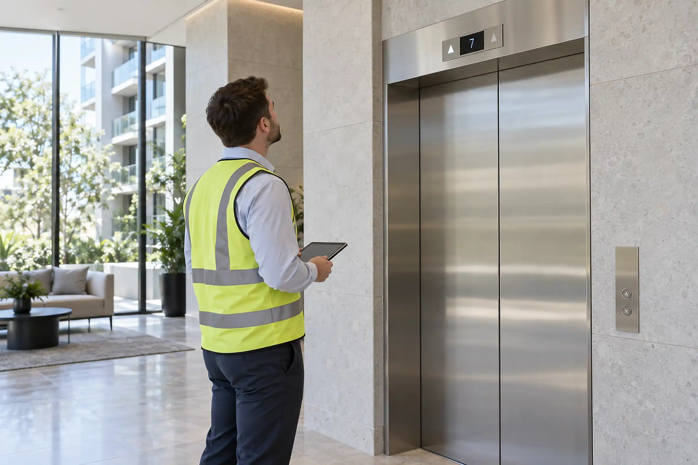 A lift consultant in a hi-vis vest holding a tablet, looking up at the floor indicator above the closed lift doors in the lobby of a modern apartment building.